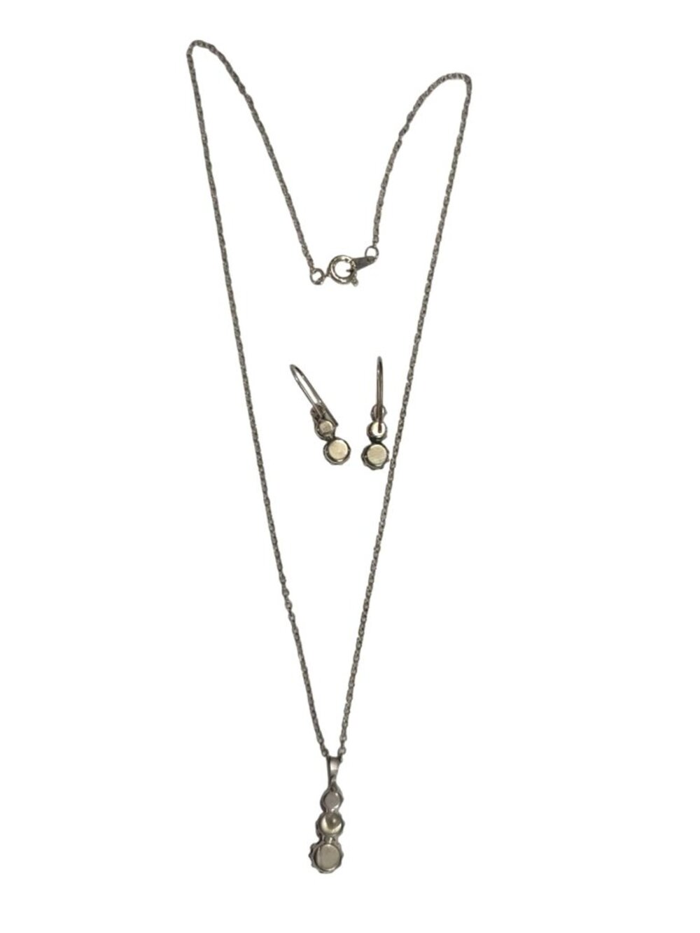 Necklace Earrings Set With Dangle Pendant & Round Crystals Silver Tone Jewelry I - Picture 3 of 6